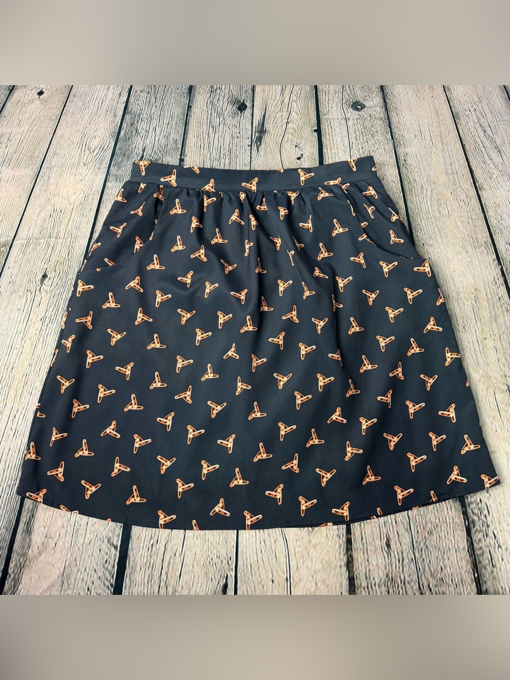 Everly Navy Retro Inspired A-Line Skirt Orange Geometric Safety Pin Motif Size S